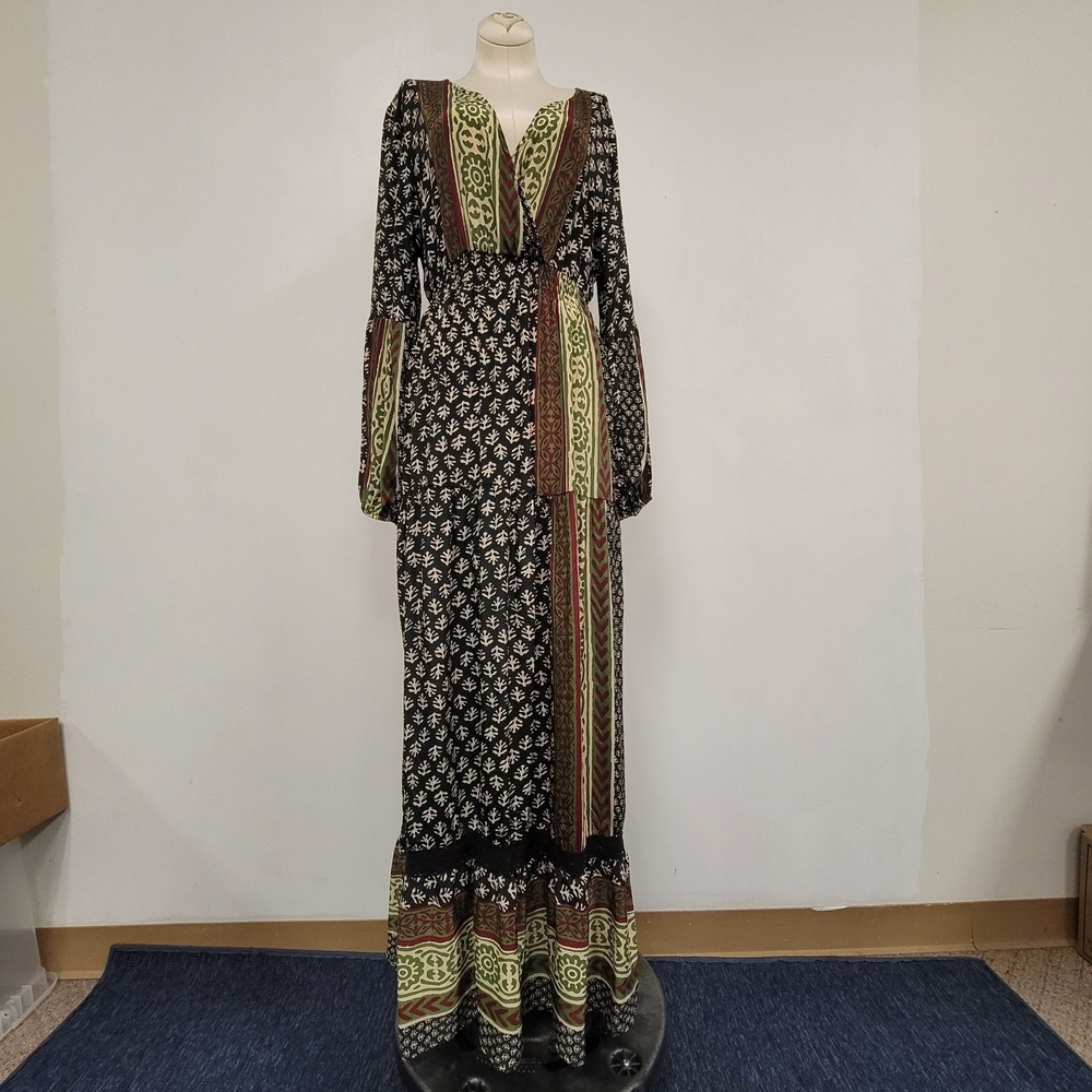 Raga Anthropologie Womens Gwyneth Tiered Long Sleeve Maxi Dress Size‎ L Boho